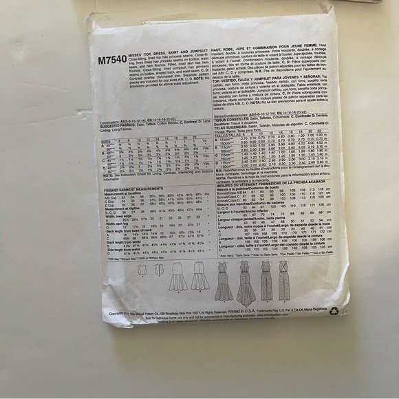 McCall’s 7540 Misses Princess Seam Top,Trumpet Dress and Skirt and Tilip-Back - Picture 2 of 5